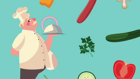 chef lifting tray with vegetables animation