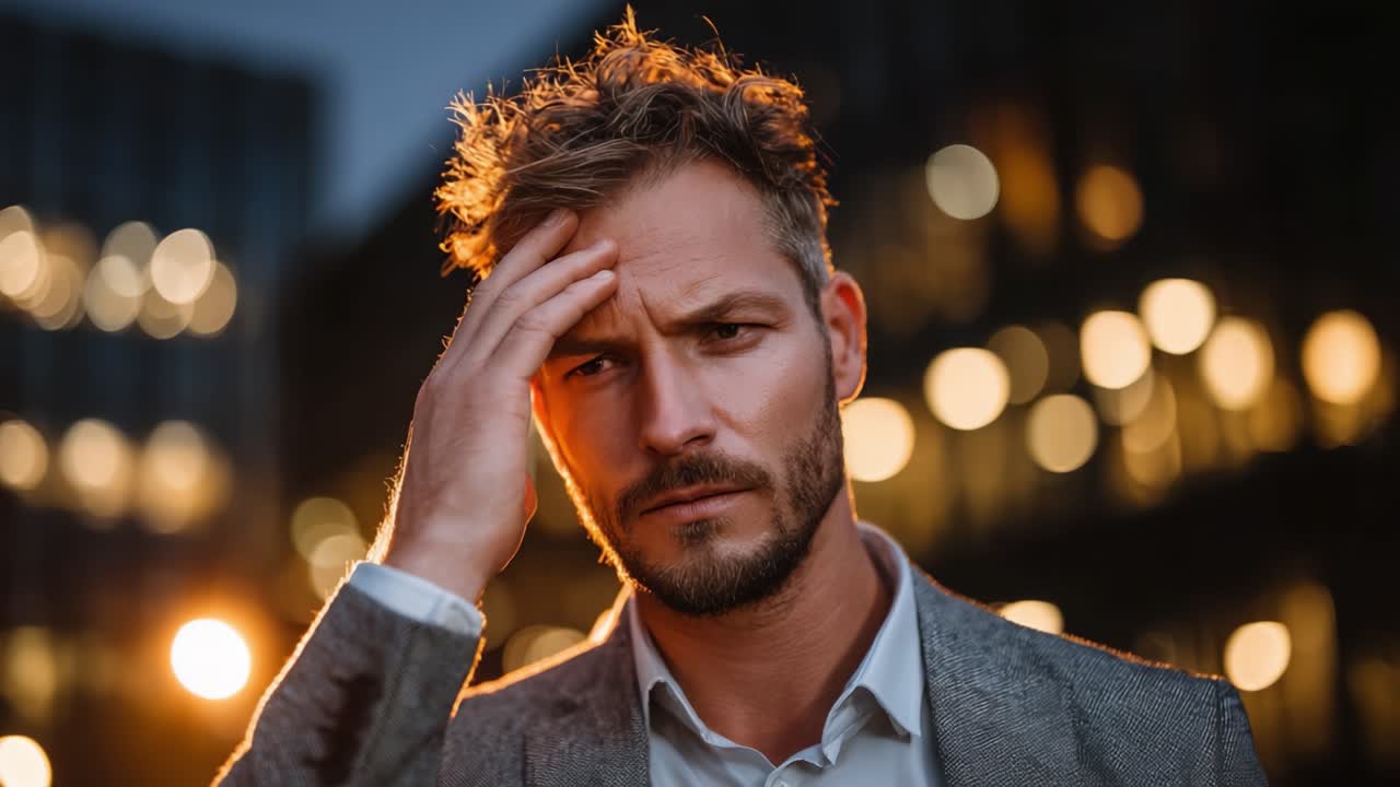 Un uomo contemplativo sta in un ambiente urbano al tramonto, passandosi una mano tra i capelli, chiaramente assorto nei pensieri e di fronte a un momento emotivo tra le luci scintillanti della città.