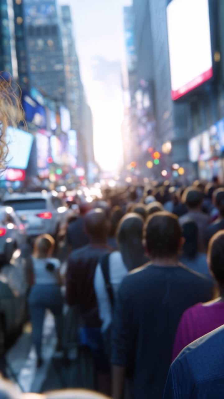 A Vibrant Scene of a Busy City Street Filled with Commuters and Colorful Billboards During the Evening Rush Hour in an Urban Environment