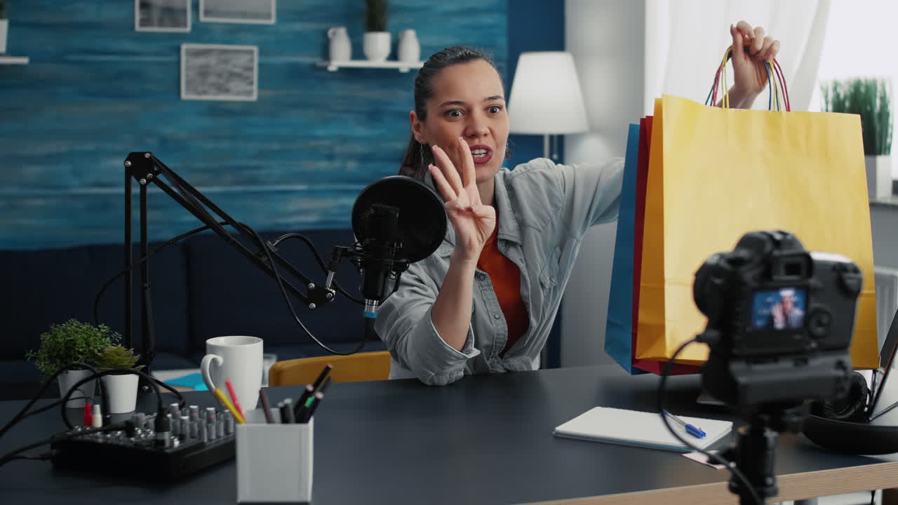 Famous internet digital content creator unboxing shopping bags