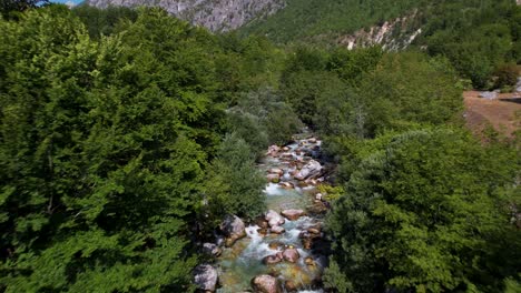 hermoso río de montaña que se revela a través de árboles con agua limpia que fluye sobre rocas en el norte de albania