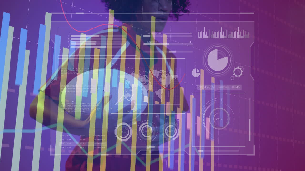 Holding rugby ball, person analyzing data with animation graphics in school