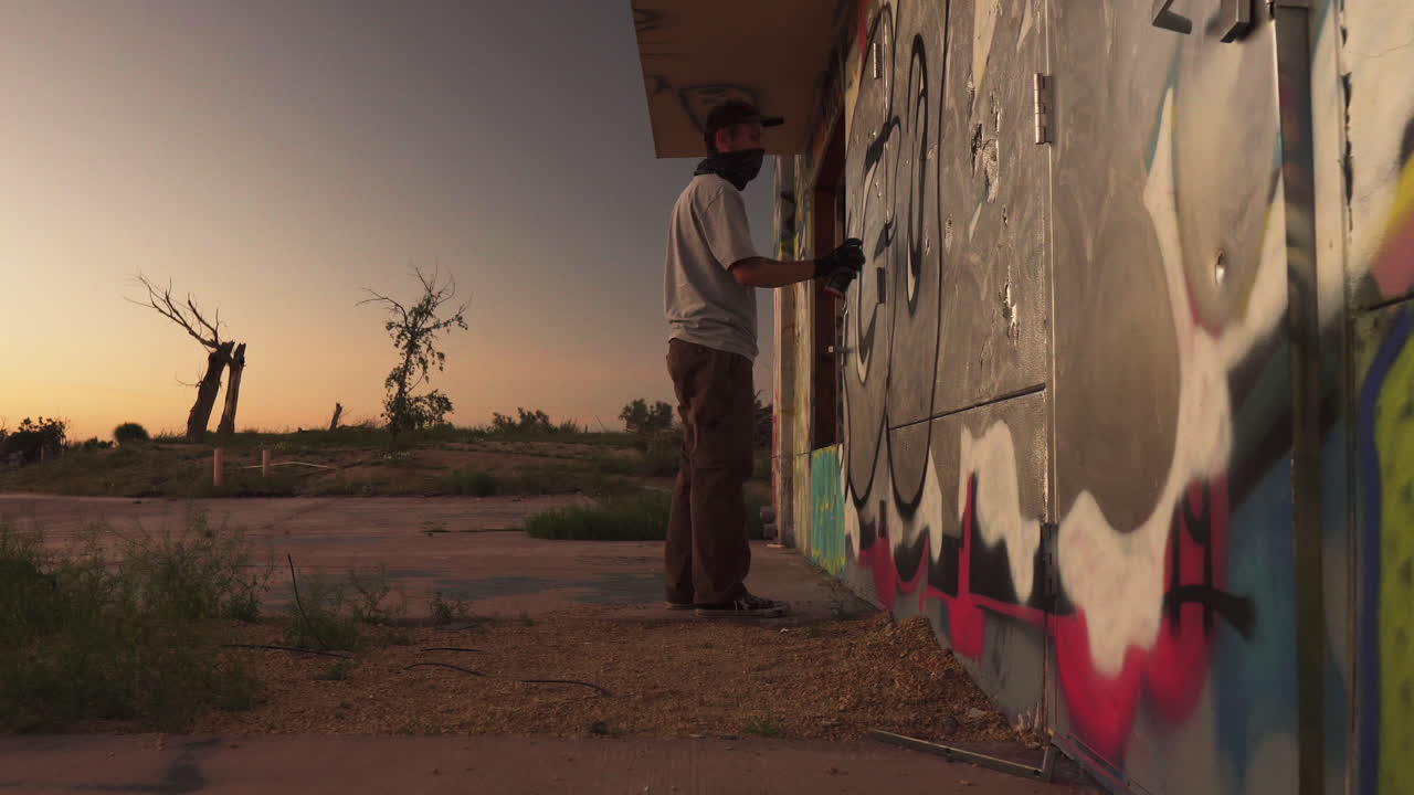 Giovane uomo con mascherina che lavora lentamente a un graffito su un muro in un parco acquatico abbandonato al tramonto