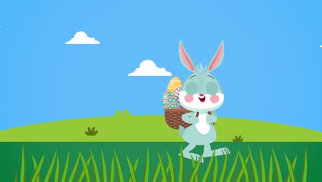 feliz día de pascua con un conejo lindo caminando con huevos en la canasta