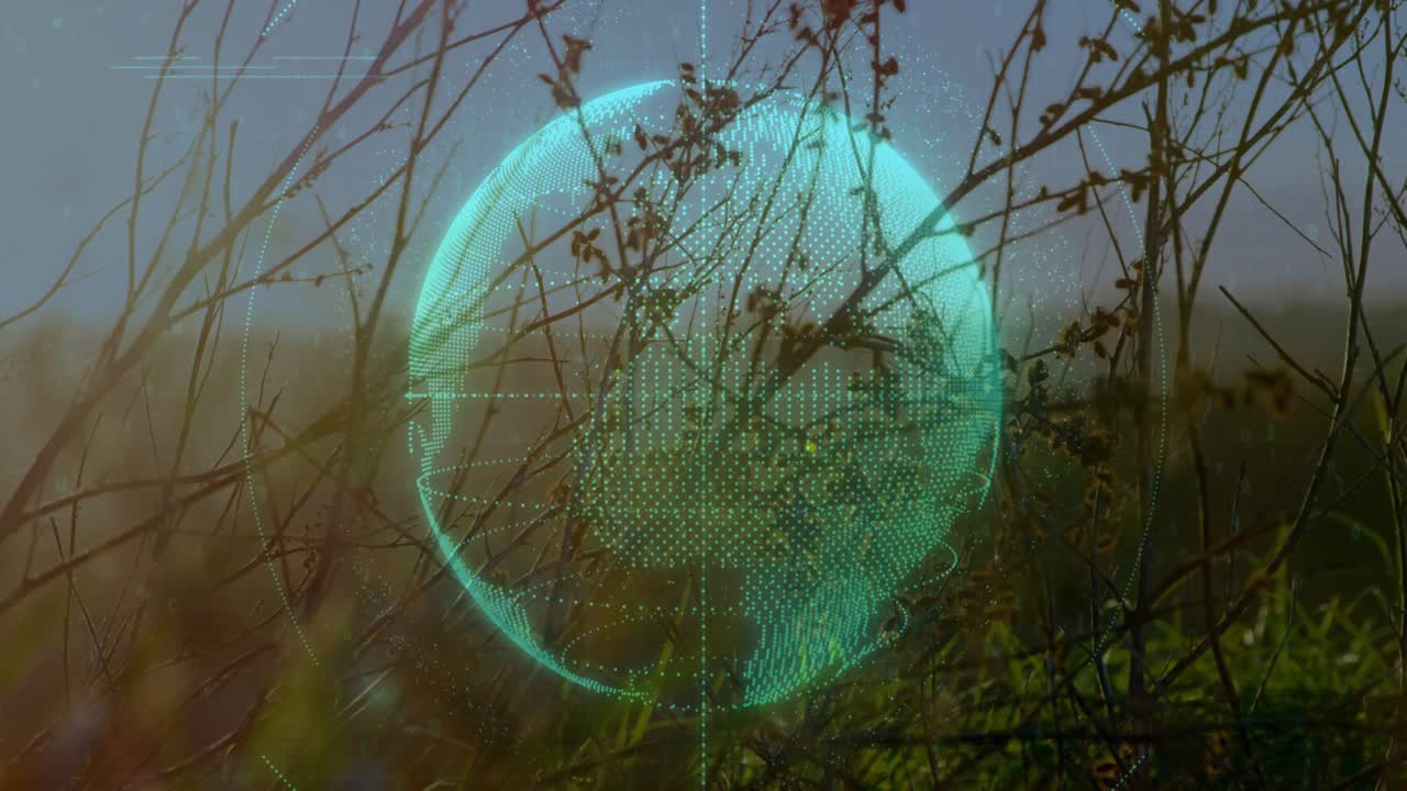 Teal ring appearing over grass turquoise globe forming and rotating displaying data panels and code