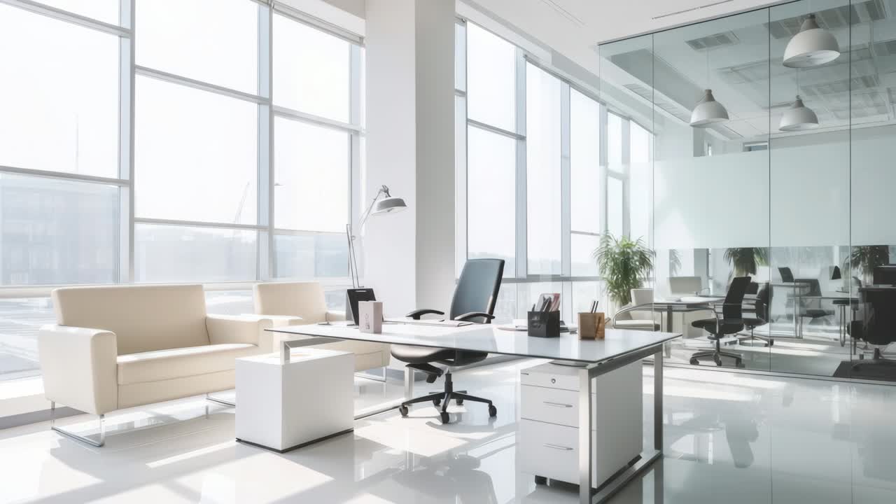 Spazio ufficio moderno con arredamento elegante, ripreso con un obiettivo grandangolare