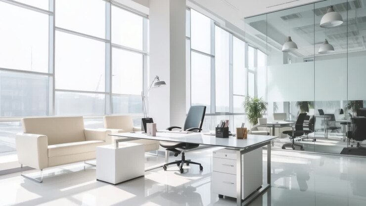 Spazio ufficio moderno con arredamento elegante, ripreso con un obiettivo grandangolare