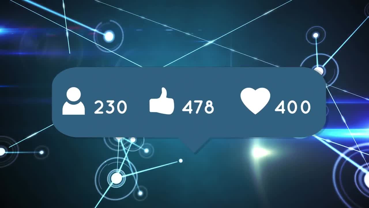 Animazione di icone di social media e numeri su una rete di connessioni