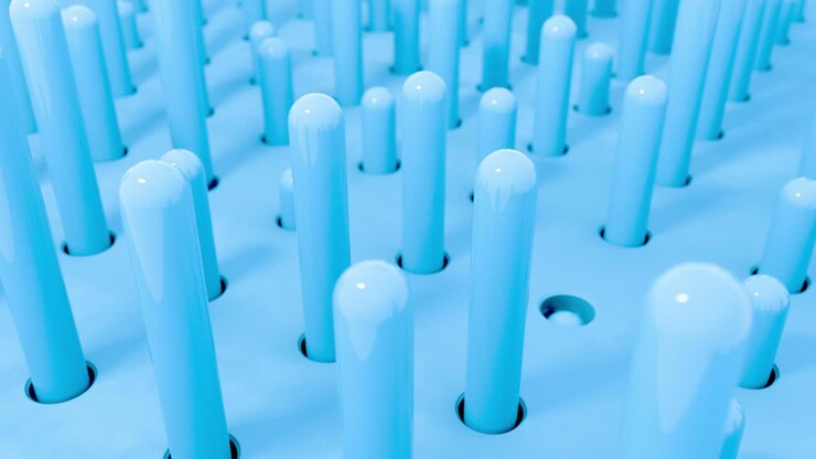 3D shapes cylinder flying intro holes in blue pastel colors. 4k seamless loop render animation.