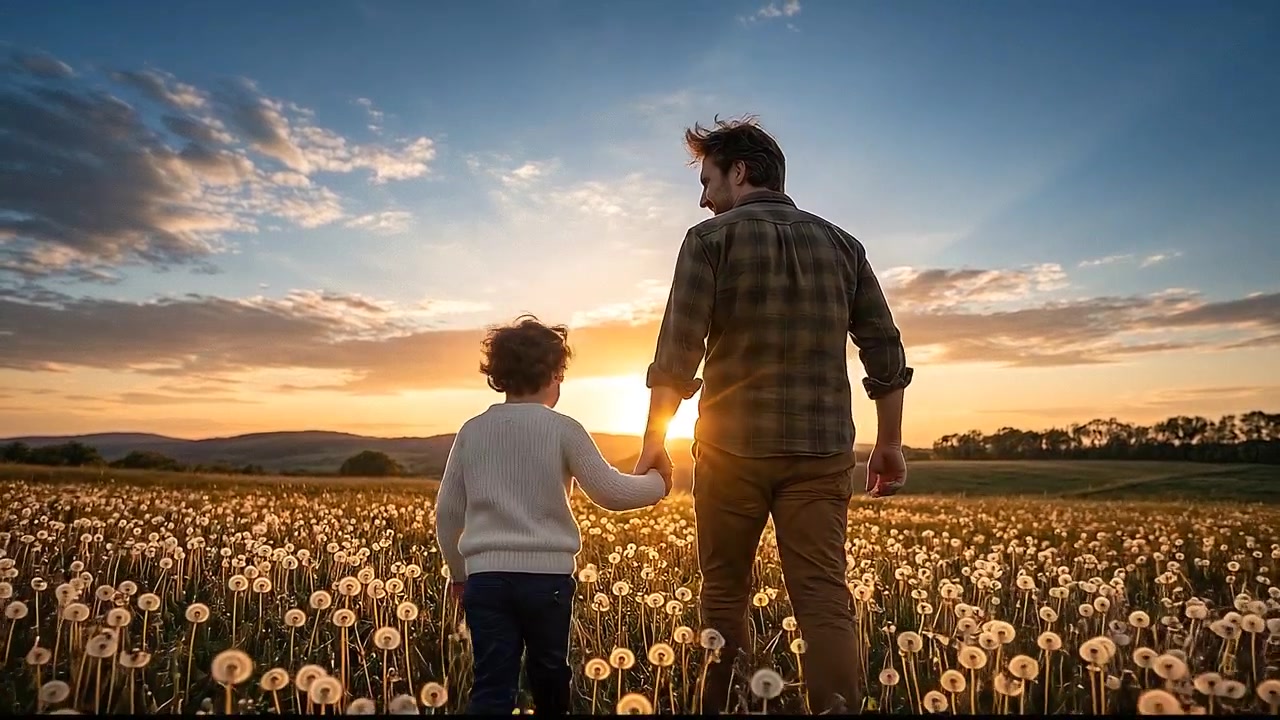 Padre e figlio che camminano insieme attraverso un prato di campagna durante l'ora d'oro
