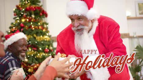 Animación-De-Texto-De-Felices-Fiestas-Sobre-Santa-Claus-Y-Diversos-Amigos-Mayores-En-Navidad-En-Casa