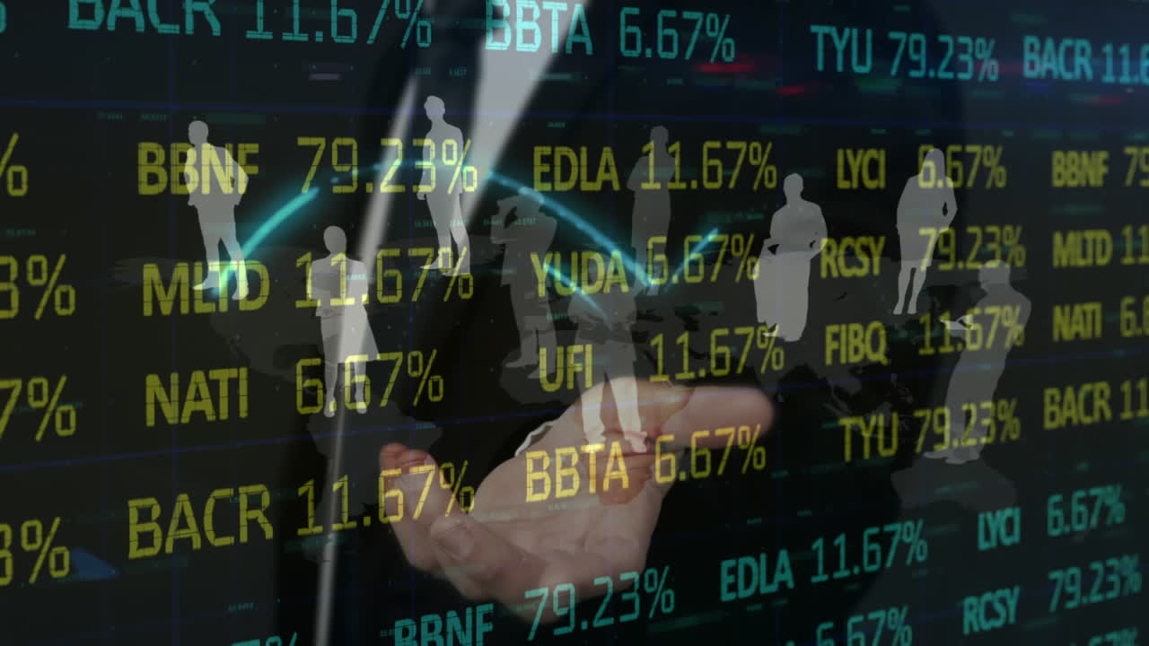 사업 관리 텍스트의 애니메이션 사업가, 사람 아이콘 및 금융 데이터 처리