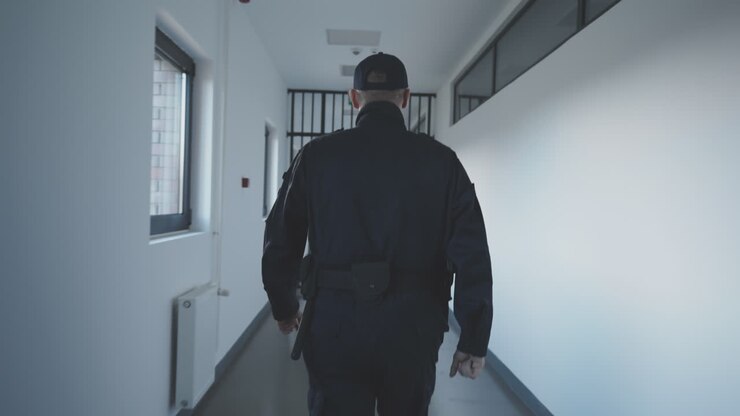 Guardia di sicurezza che pattuglia un corridoio carcerario
