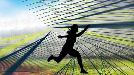 animation of silhouette of female runner on sports stadium background