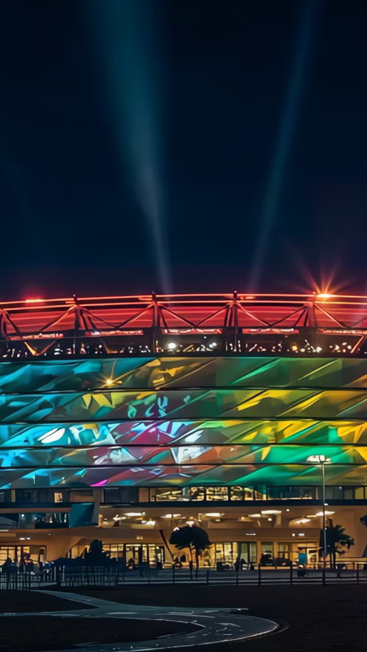 Vertical video: Stadium facade emanating searchlight beams and flowing projection mapping at night