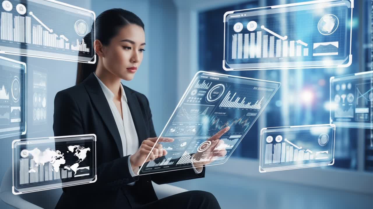 A Professional Woman Engaged with Advanced Digital Analytics on a Futuristic Display in a High-Tech Office Environment, Showcasing Modern Technology and Business Insights