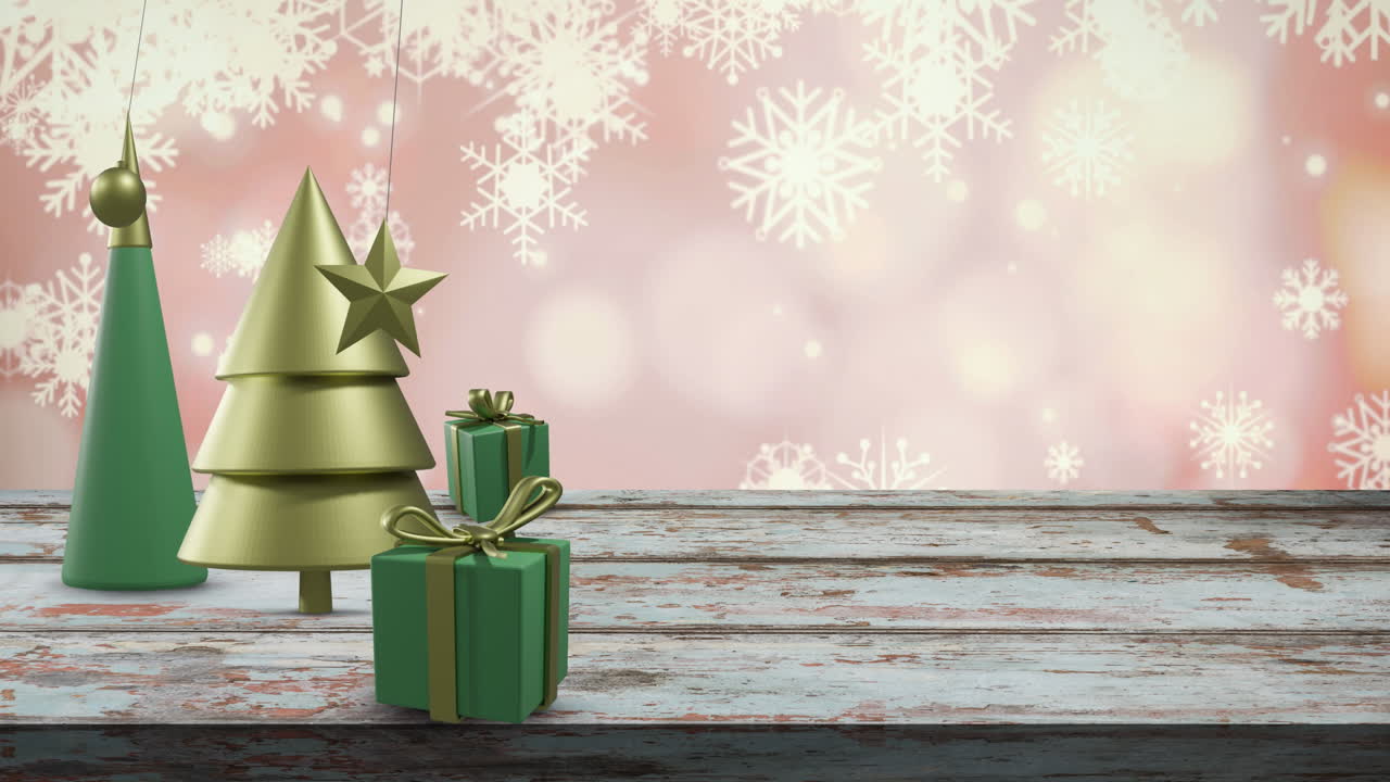 animación de árboles de navidad y decoraciones sobre fondo de madera