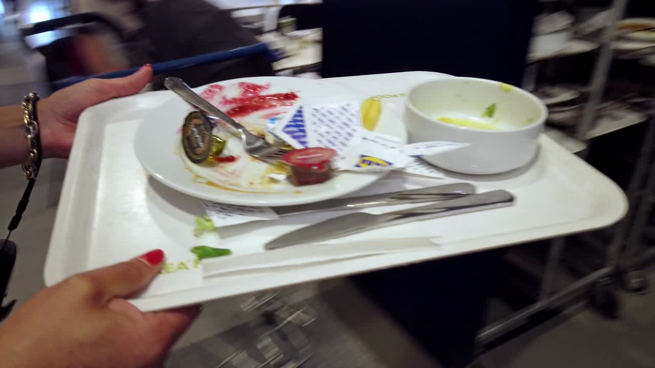 여성 고객들이 이케아 레스토랑의 셀프 서비스 구역을 이용해 쓰레기를 던집니다.