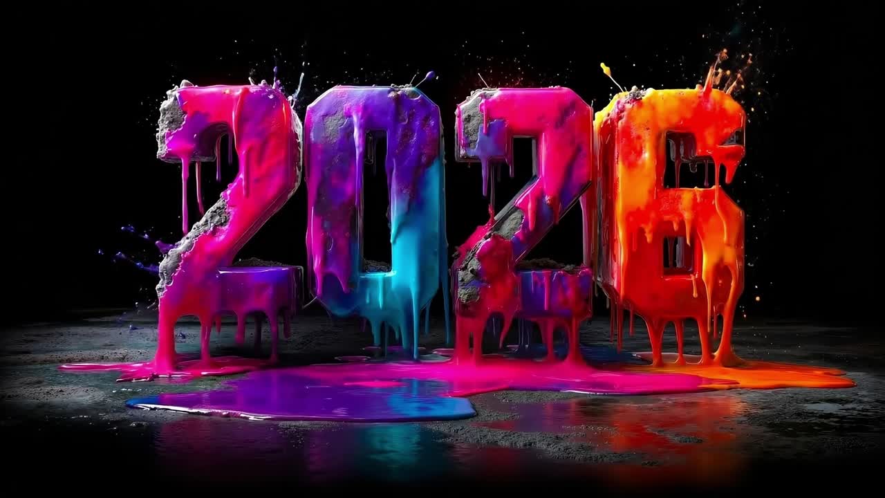Melting Colorful Ice Sculpture 2026 Numbers with Neon Lights
