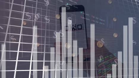 Animation-of-data-processing-over-bitcoin-and-dollar-symbols-with-hand-holding-smartphone