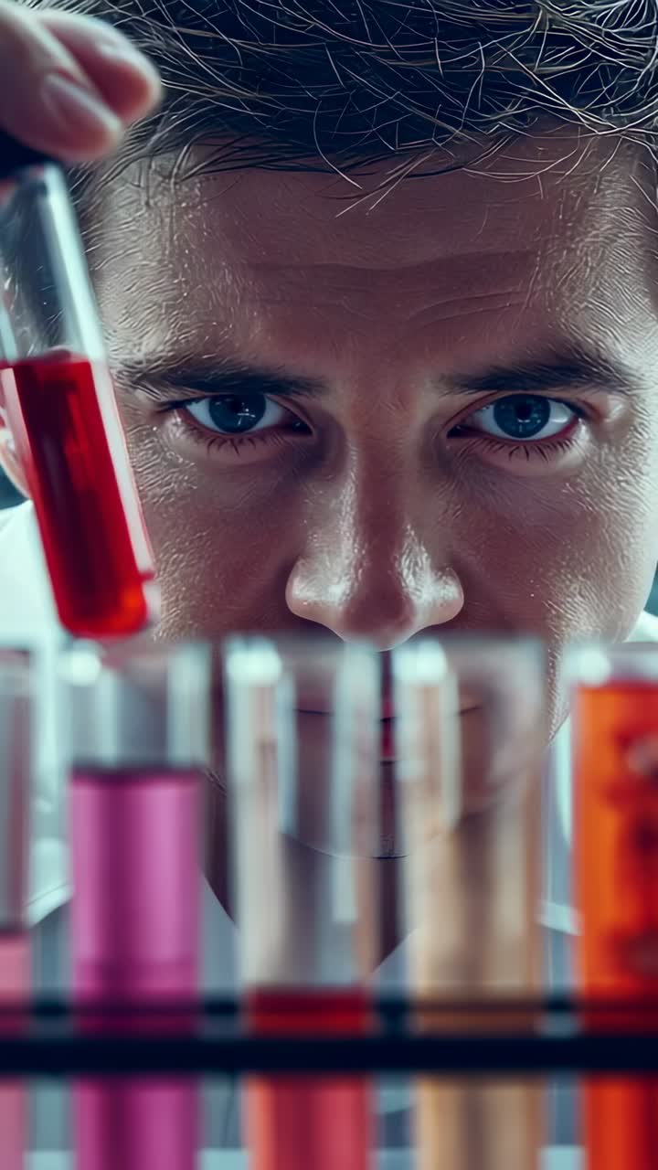 Vertical video: Holding red tube, tech in lab coat leaning, inspecting, comparing vials in lab rack