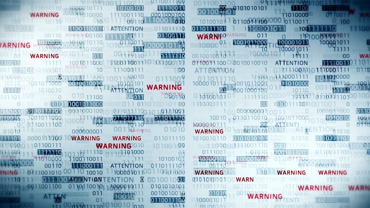 바이너리 숫자를 가진 경고 및 주의 메시지 - 디지털 기술 루프 애니메이션으로 온라인 웹 - 컴퓨터 네트워크 문제 오류 개념