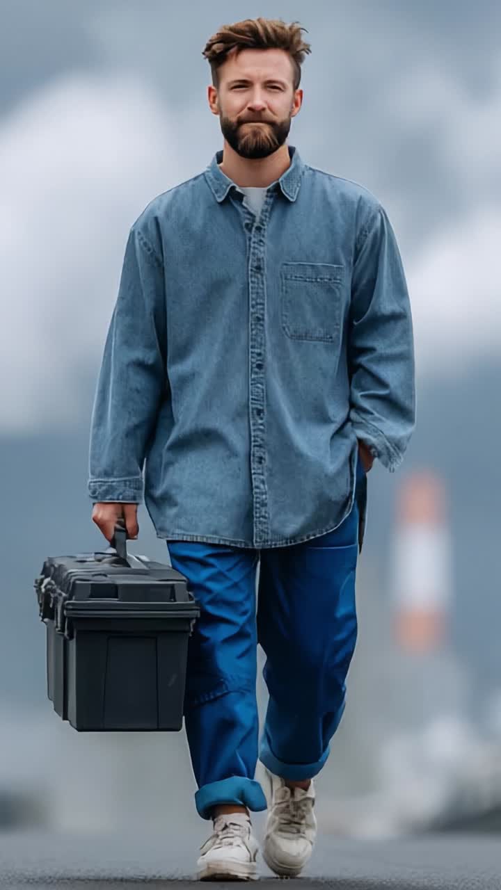 A confident man walks through a scenic landscape, carrying a toolbox, showcasing a blend of style and practicality in his casual outfit while exuding a relaxed demeanor