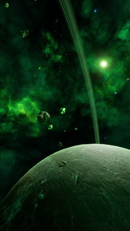 a green planet with rings in a nebula