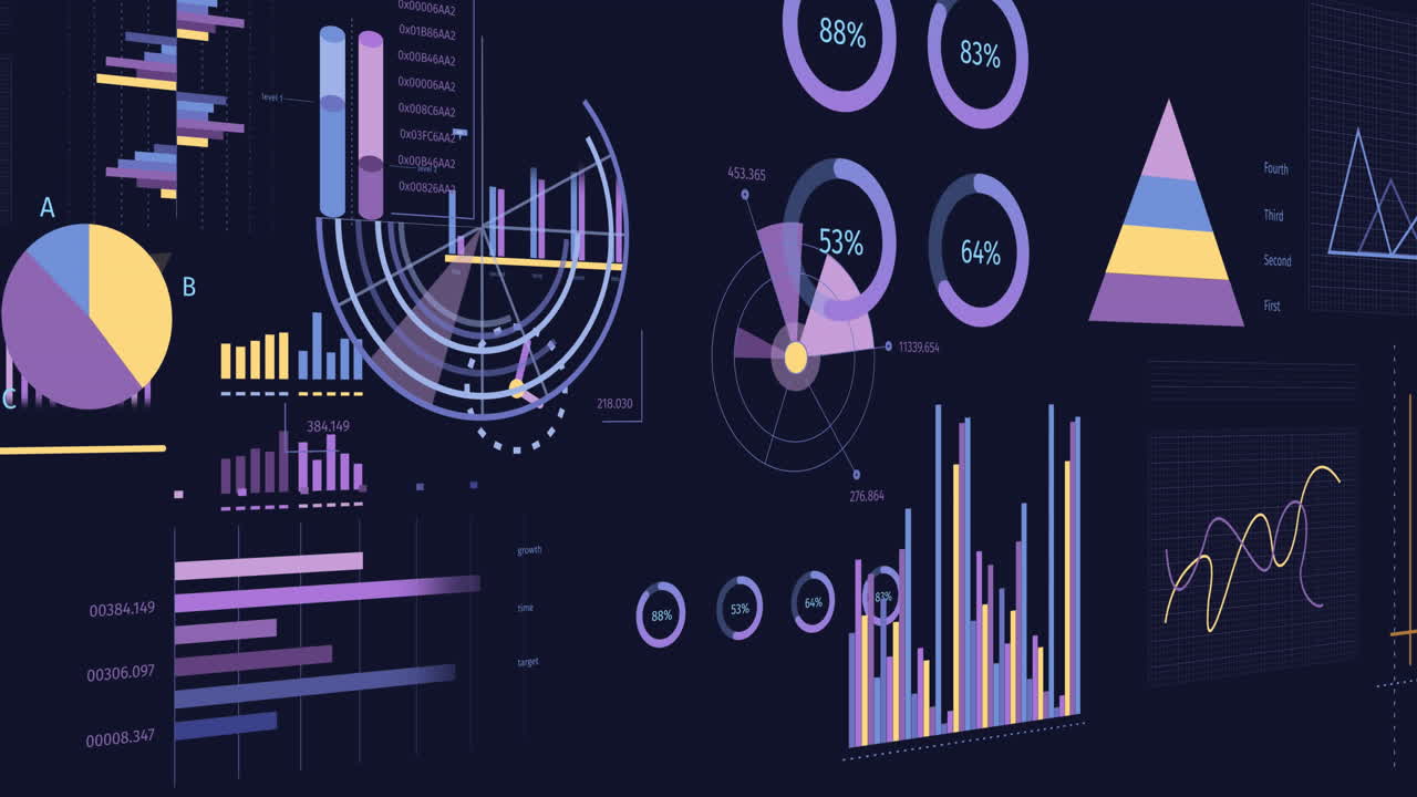 animación de la interfaz con escáneres redondos y procesamiento de datos estadísticos contra un fondo azul.