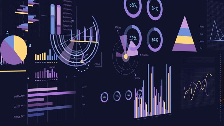 Animation of interface with round scanners and statistical data processing against blue background