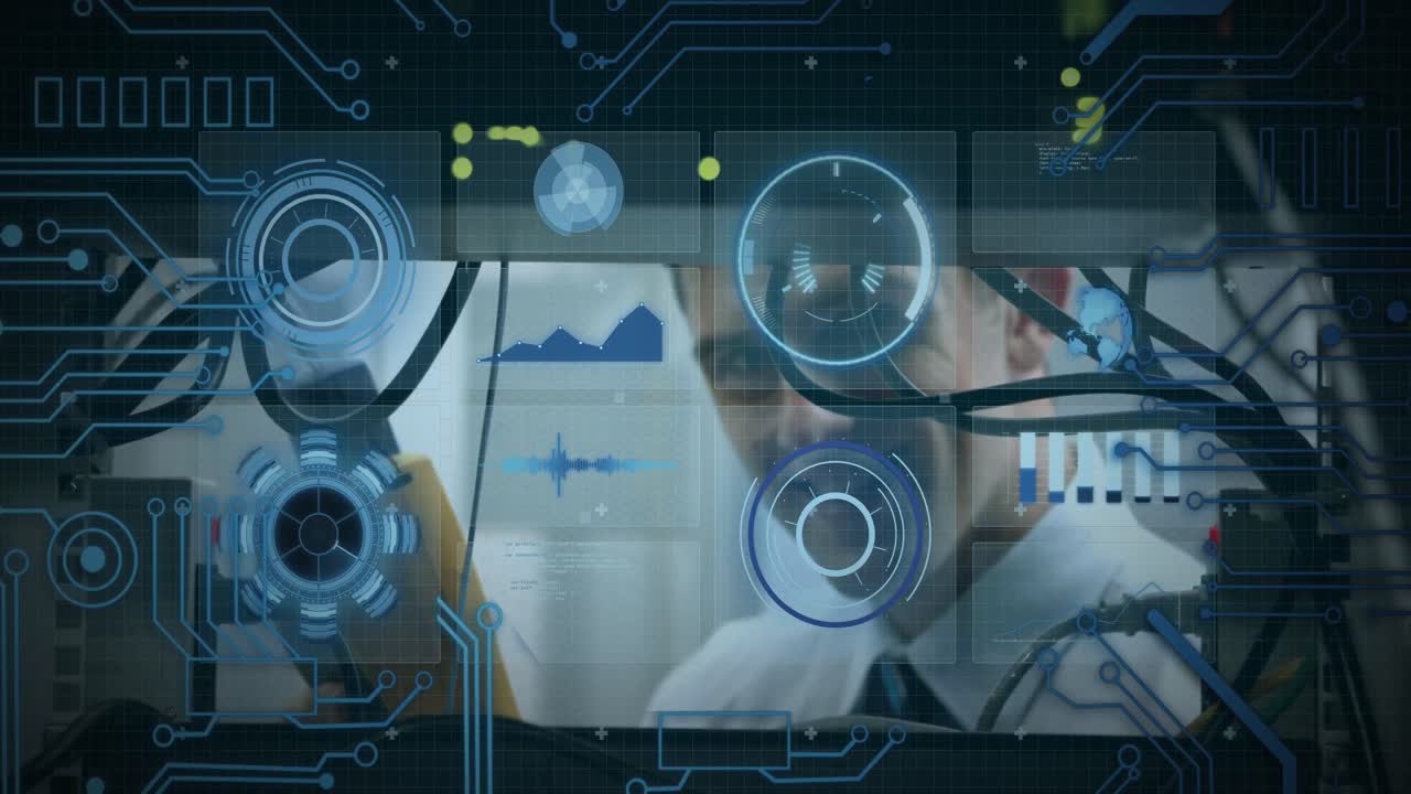 Animation of data processing over caucasian man inspecting server room