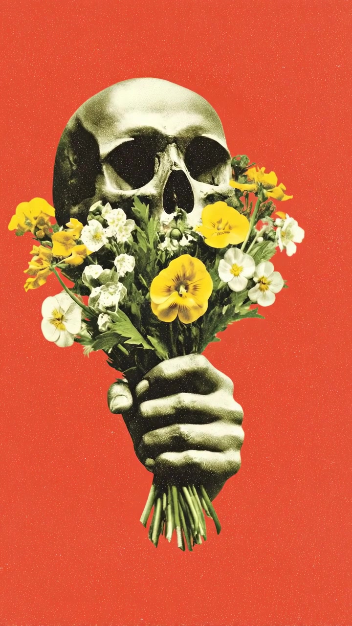 Surrealistisk kollasj av en menneskehånd som holder en blomsterbukett og et hodeskalle