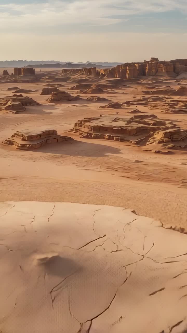 Video verticale: Telecamera drone che si allontana rivelando una mesa di arenaria su una pianura desertica che mostra crepe.
