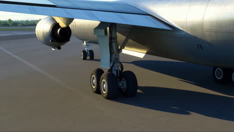 close-up view of an airplane's landing gear, wing, and engine on the runway