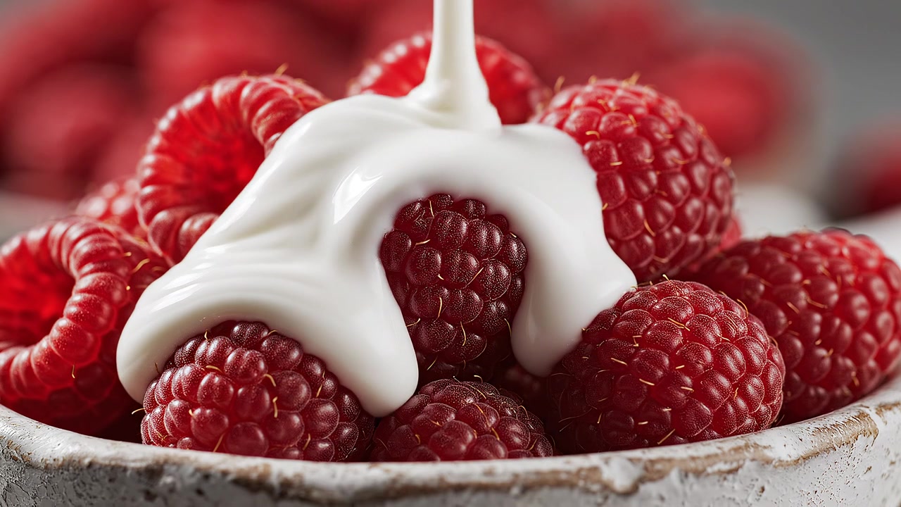 Fresh red raspberries in a bowl with pouring thick cream