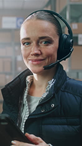 warehouse worker with headset and tablet