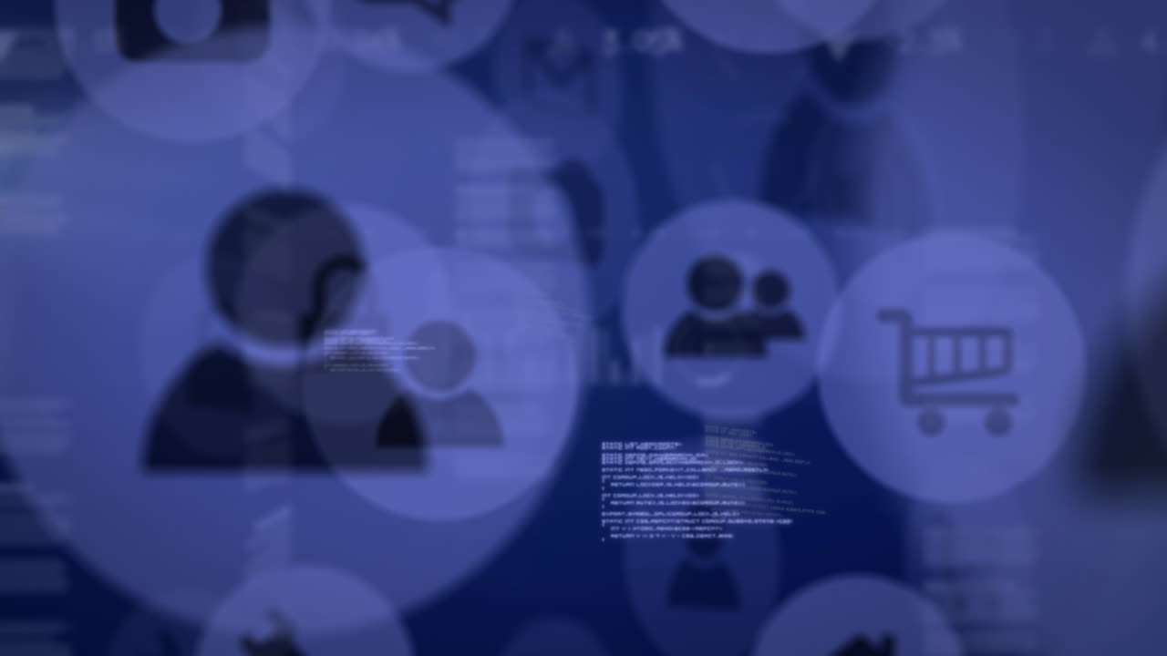 animación de procesamiento de datos e iconos de medios sobre un fondo azul