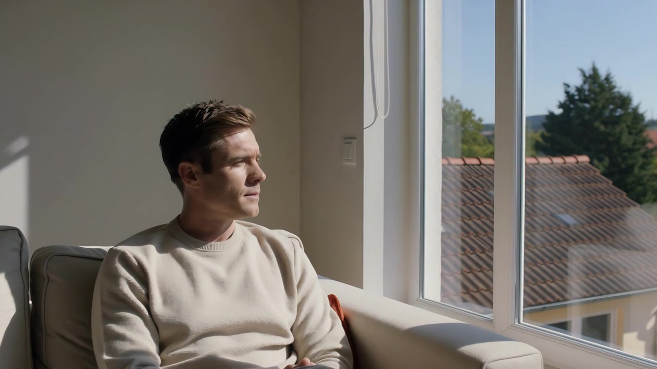 Uomo con maglione beige sul divano, illuminato dalla luce del sole, che si gira e osserva il tetto e l'albero dalla finestra.