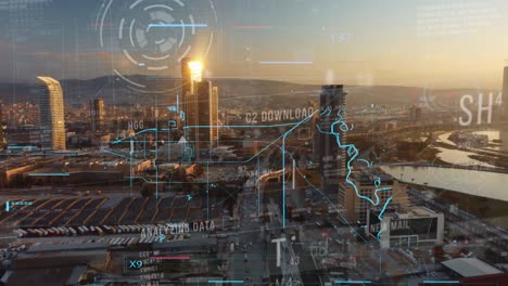 business data analytic interface fly over smart city showing alteration future of business intelligence. computer software and artificial intelligence are used to analyze big data for strategic plan .