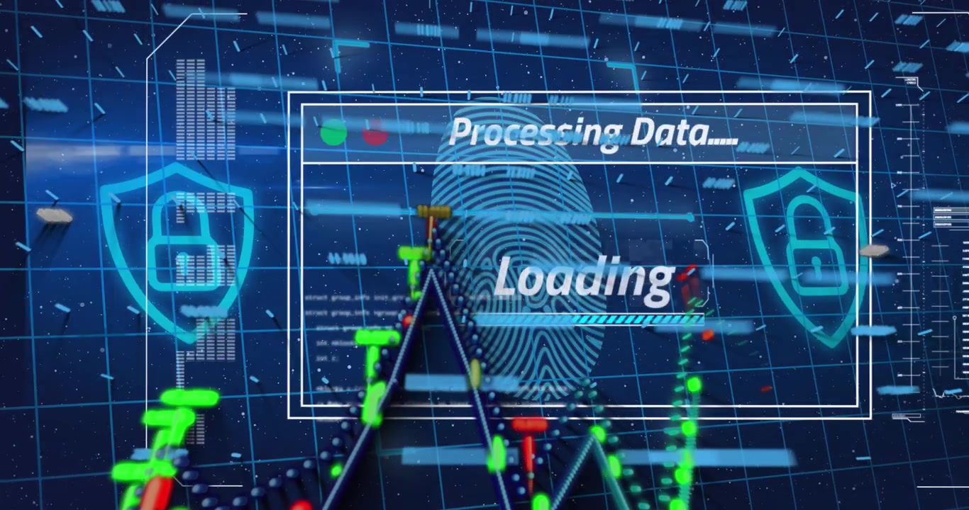 Animation of interface with data processing over biometric fingerprint scanner and security padlock