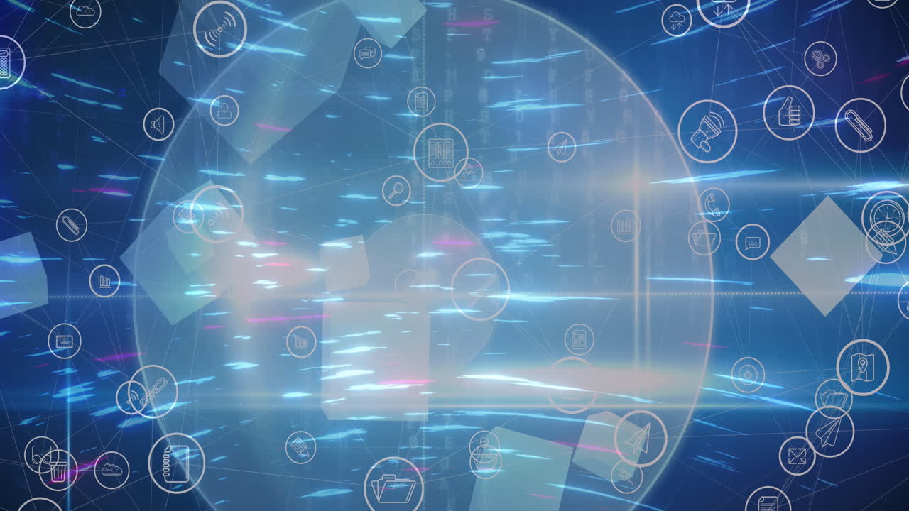 반 ⁇ 이는 빛의 트레일과 글로브 위에 디지털 아이콘의 애니메이션