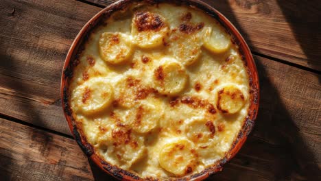 delicioso gratin de patatas doradas en una mesa de madera rústica