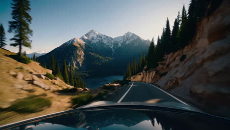 driving through a scenic mountain pass with a lake and snow-capped peaks
