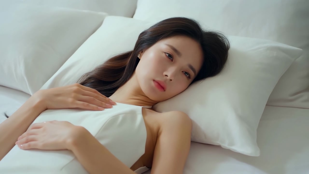 ベッドで眠るアジア人女性、柔らかな朝の光、白い枕とシーツ、胸の上に置かれた手、穏やかな様子。