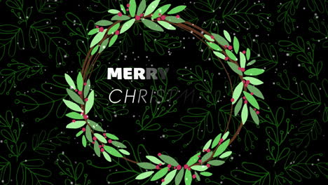 animación de texto de feliz navidad y nieve cayendo sobre la corona verde