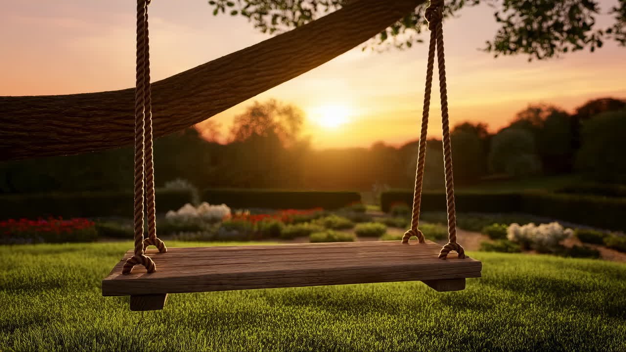 Altalena di legno appesa a un ramo d'albero in un giardino al tramonto