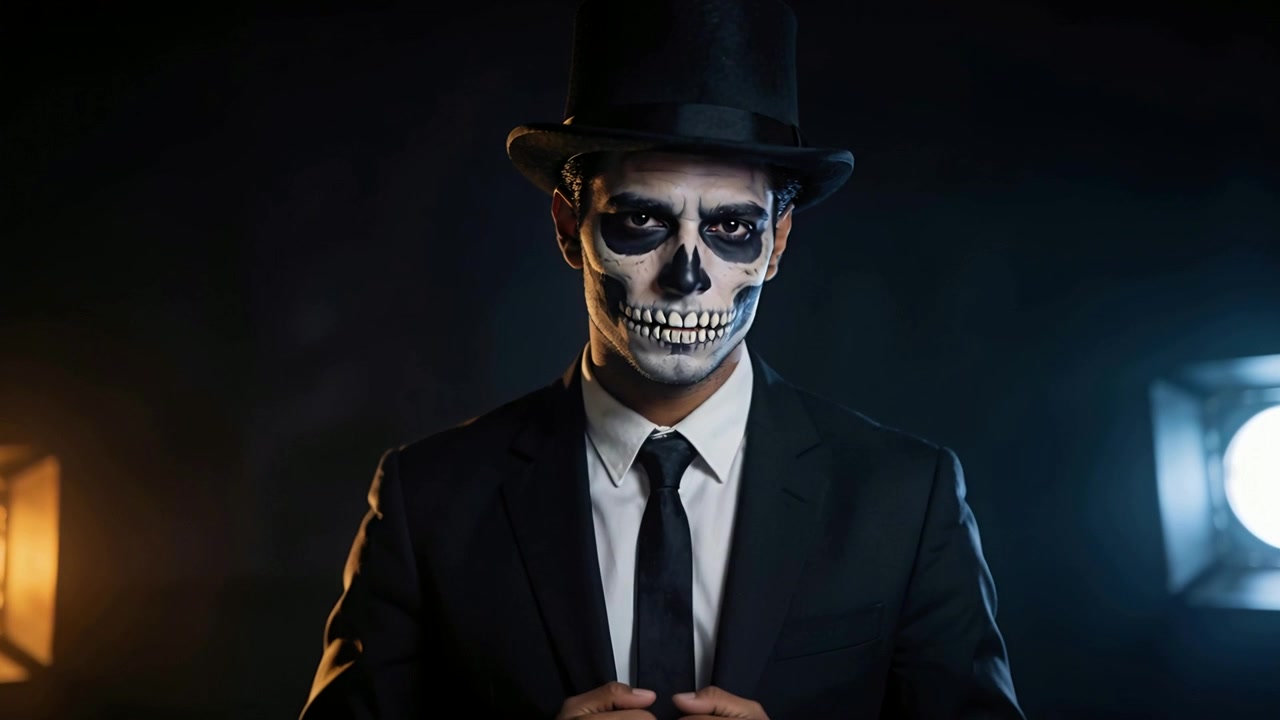 Uomo con trucco da teschio si sistema la cravatta e il cappello mentre la telecamera riprende per un ritratto con faretti
