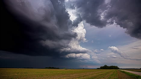 Powerful-thunder-clouds-flowing-above-agriculture-landscape,-time-lapse