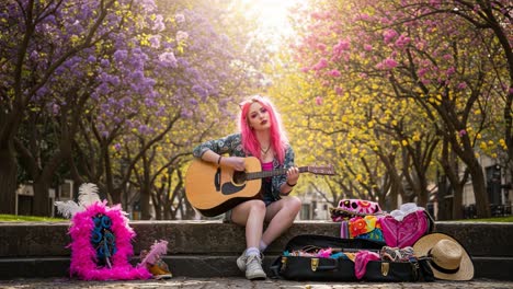 a young musician with pink hair playing guitar amidst blooming trees, surrounded by vibrant costumes and accessories in a sunlit park setting