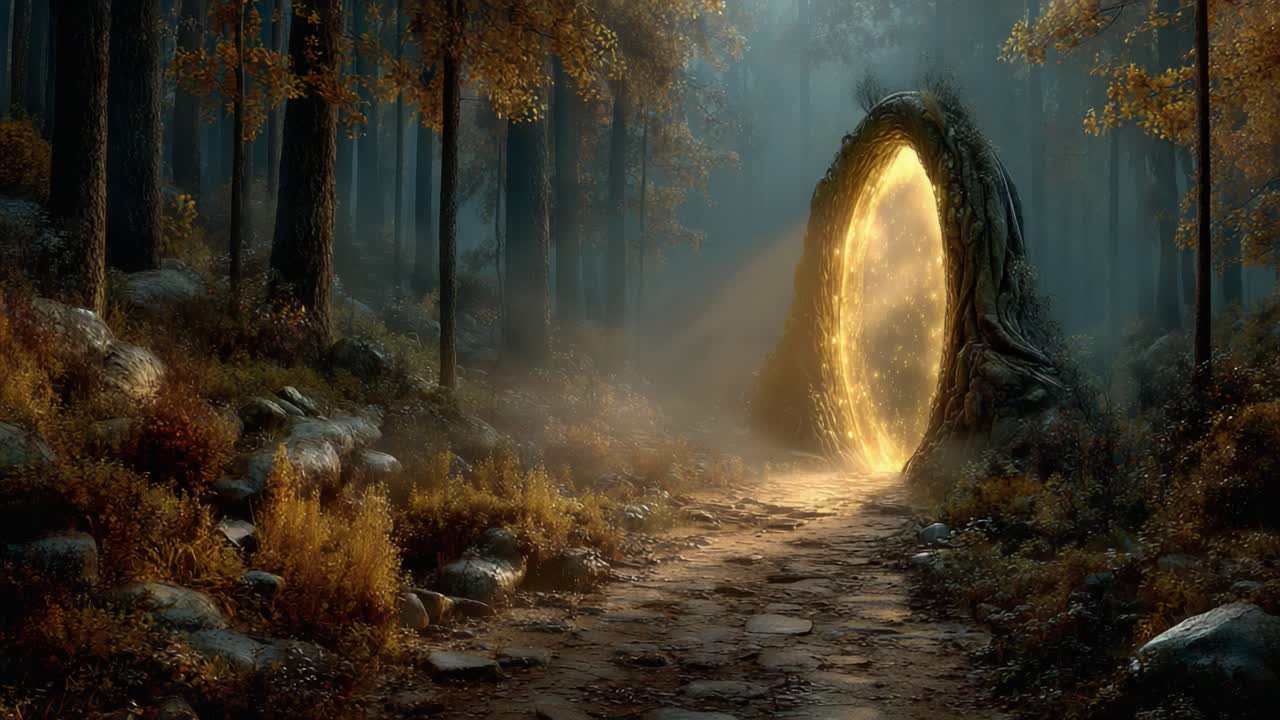 An Enigmatic Portal Glows Amidst the Autumn Forest, Casting Mystical Light Through the Fog and Marking a Path into an Unseen World of Enchantment